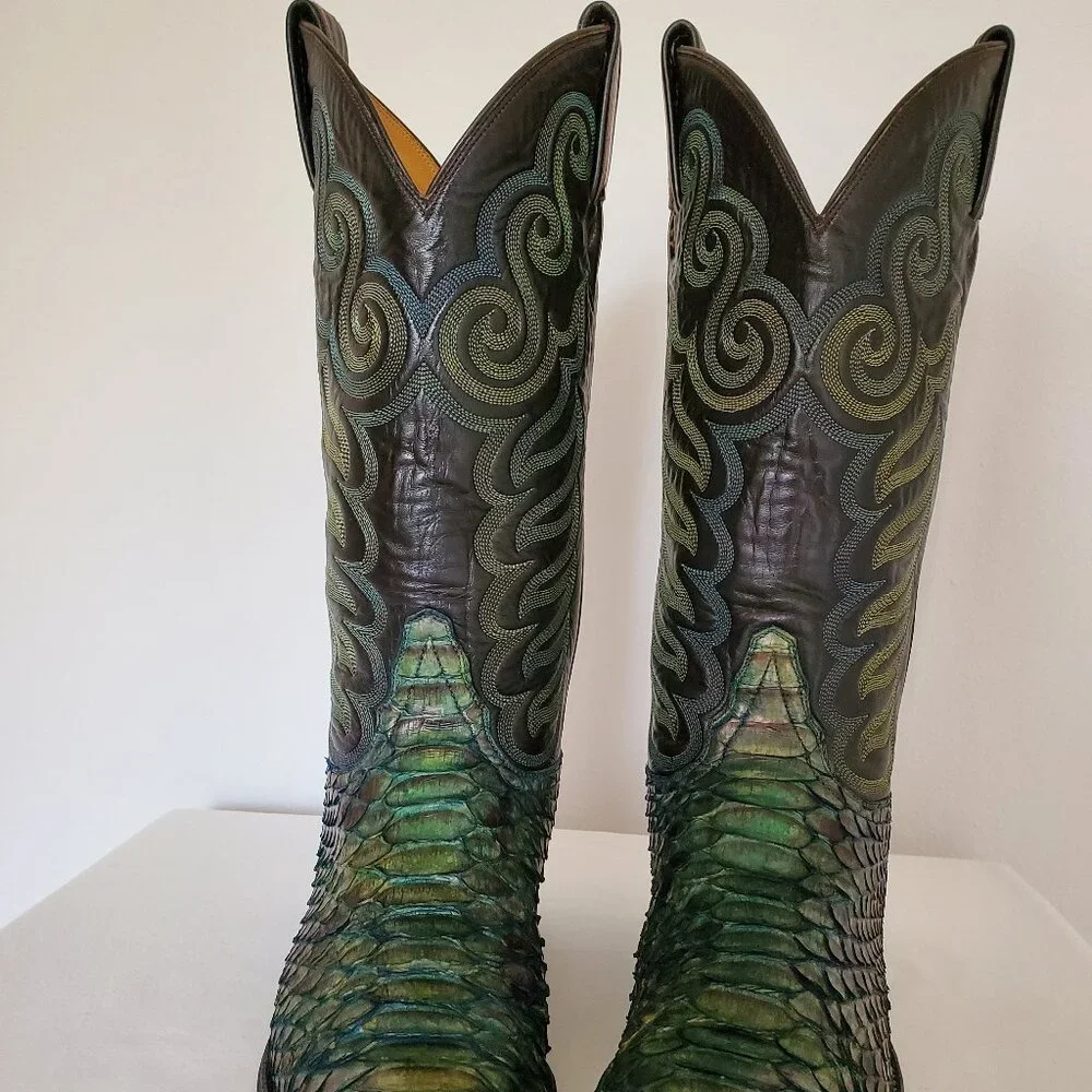 Tony Lama 8 1/2 painted blue green black western cowboy boots python snake skin